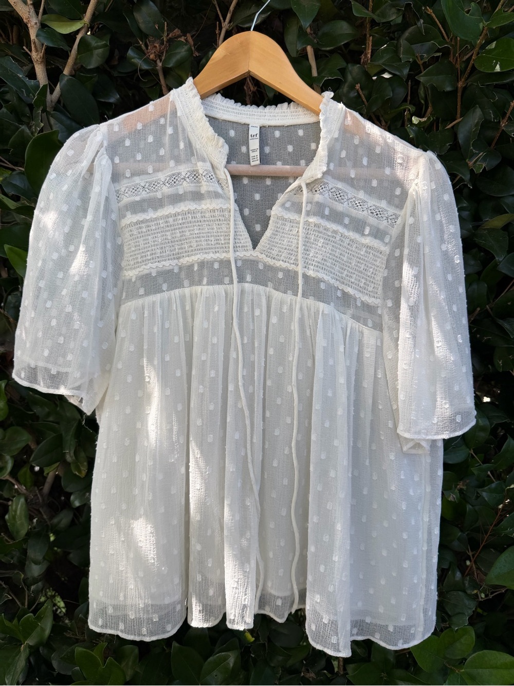 Zara White Swiss Dot Lace-Trim Peasant Blouse